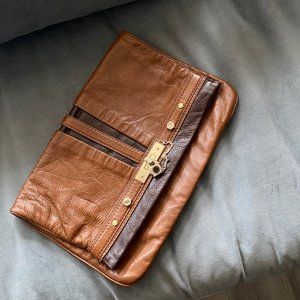 Camel/Brown Magazine Fold Over Grey Leather Clutch